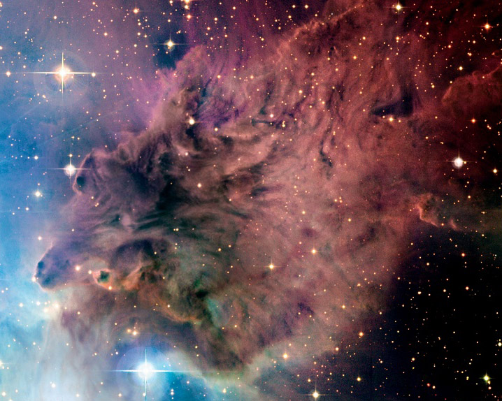 Das Bild wirkt wie ein Gemälde, das ein rötliches Fuchsfell darstellt. Der Kopf links ist von blauen Nebeln umgeben. Links oben und unten sind gezackte Sterne zu sehen.