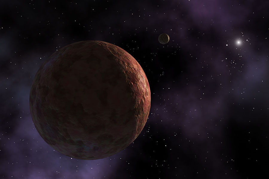 Die Illustration zeigt eine rötlich-braune Planetenkugel, die aus der Ferne von der Sonne beleuchtet wird, die rechts oben wie ein heller Stern wirkt.