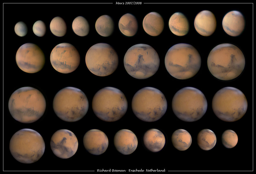 Viele Abbildungen des Planeten Mars sind hier zeilenförmig angeordnet, sie zeigen den Planeten im Laufe seiner Annäherung an die Opposition und wie er sich danach wieder entfernt.