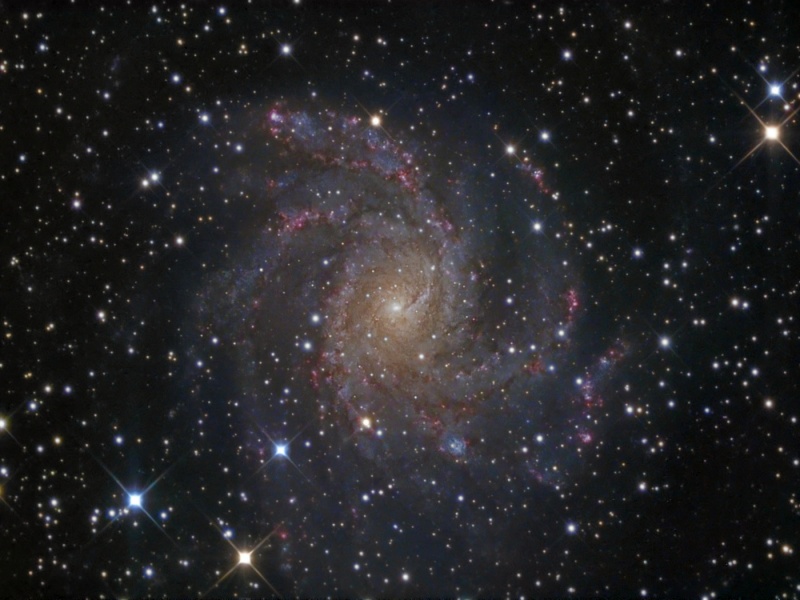 Die Galaxie in diesem sternbedeckten Sichtfeld ist schwach ausgeptägt und hat sehr lose, offene, transparente Spiralarme.