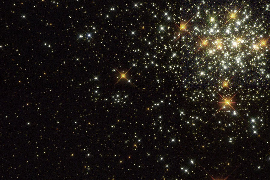 Rechts oben liegt das Zentrum des abgebildeten Sternhaufens, dessen Sterne im Bild verteilt sind.