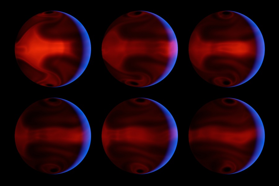 Auf sechs Illustrationen eines Planeten sind rote Strukturen zu sehen, alle sechs Planetenbilder haben links eine blaue Sichel.