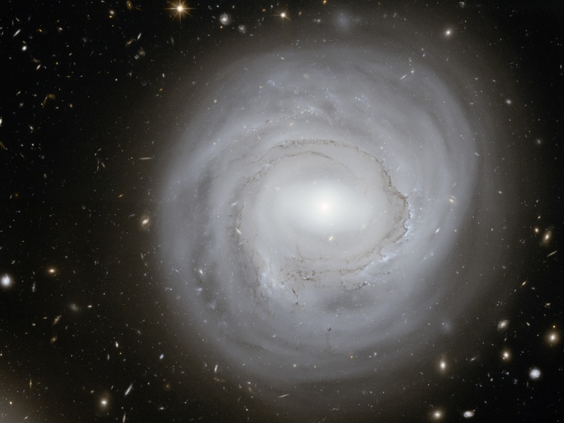 Das Bild zeigt eine Galaxie direkt von oben, es sind kaum Spiralarme erkennbar, die Galaxie wirkt fluffig wie Watte.