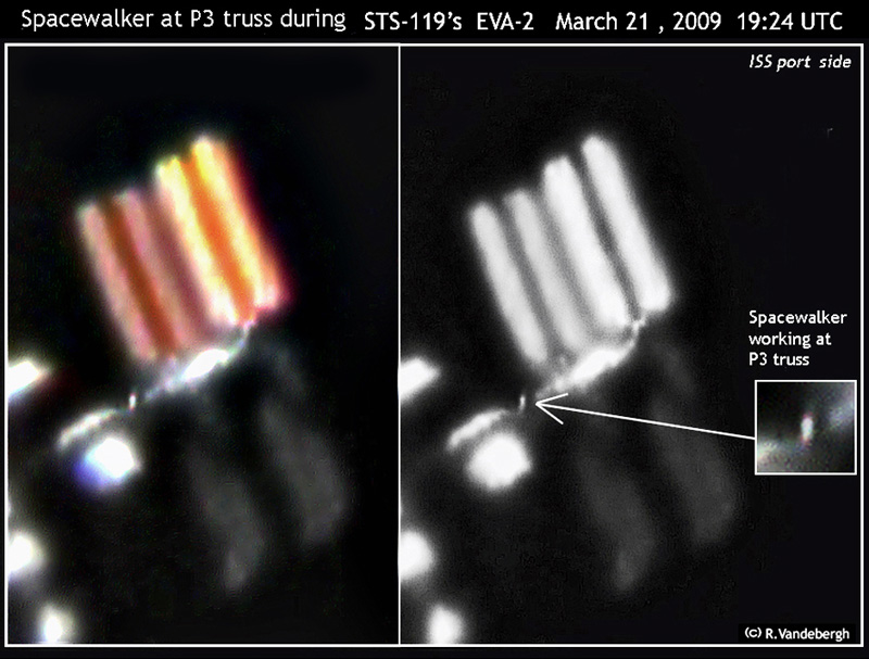 Das Bild zeigt ein Solarpaneel der ISS, das von der Erde aus fotografiert wurde. Es ist sogar ein Astronaut als heller Punkt erkennbar.