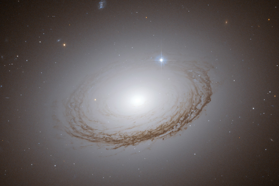 Das Bild zeigt das Innere einer Galaxie, die sehr verschwommen wirkt. Nur um das helle Zentrum ist ein stark strukturiertes Staubband erkennbar.