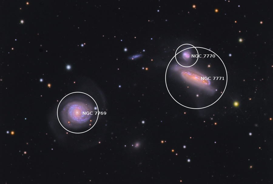 Drei markante Galaxien sind im Bild verteilt.