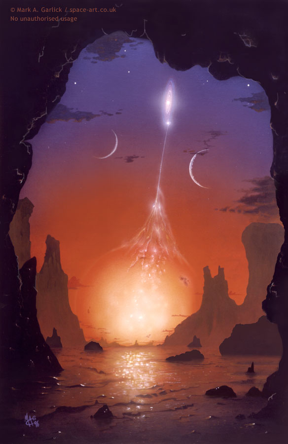 Die Illustration zeigt den Blick aus einer Höhle auf eine dystopische Landschaft mit felsigen Bergspitzen, hinter dem Horizont leuchtet ein helles Objekt, von dem eine Leuchtspur zu einem höher liegenden Objekt mit Akkretionsscheibe führt. Links und rechts von der Leuchtspur sind die beleuchteten Sicheln von Planeten zu sehen.