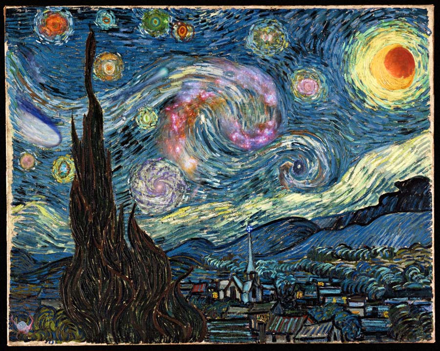 Im Bild "Sternennacht" von Vincent v. Gogh sind zahlreiche Himmelsbilder versteckt.