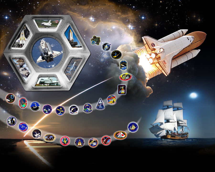 Die Grafik zeigt eine Zusammenstellung von Mission-Patches, links die Cupola mit Bildern von Raumfähren, rechts eine startende Raumfähre und rechts unten ein Segelschiff auf dem Meer. Im Hintergrund links unten steigt die Leuchtspur eines Raketenstarts auf.