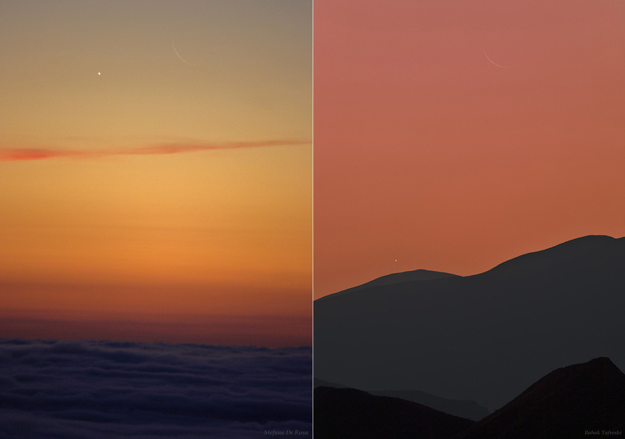 Zwei Bildfelder, links ist ein gelboranger Morgenhimmel mit einem hellen Lichtpunkt oben, rechts ein orangefarbener Himmel mit einem Licht über dem Berghorizont, in beiden Fällen ist es die sichelförmige Venus. Rechts neben der Venus steht der sehr schmale Mond, der auf beiden Bildern kaum erkennbar ist.