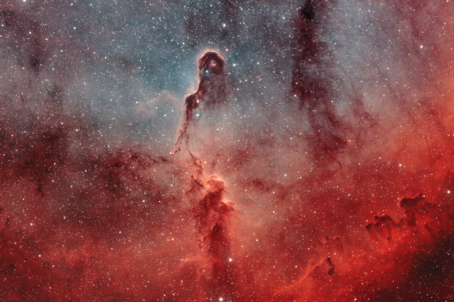 Aus einem roten Nebel erhebt sich eine Ranke vor einem bläulichen Hintergrund mit Sternen und dunklen Gasranken, die an einen Elefantenrüssel erinnert.