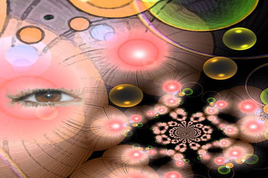 Im Bild herrscht ein Chaos aus rosaroten Mandelbrot-Strukturen, Blasen, einem Auge Linuien und weiteren Elementen.
