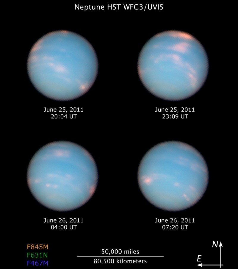 Das Bild zeigt vier Ansichten des Planeten Neptun, zwei vom 25. und zwei vom 26. Juni 2011.