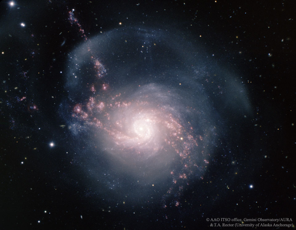 In der Bildmitte strahlt ein heller Galaxienkern, umgeben von unregelmäßigen, kaum ausgeprägten Armen und nebeligen schalenförmigen Gebilden.