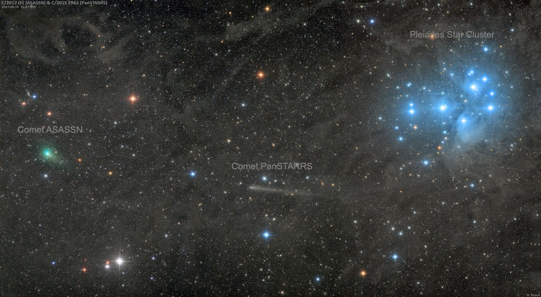 Rechts im Bild leuchtet der Sternhaufen der Plejaden, in seiner Umgebung leuchtet der Staub blau. Die Staubwolken sind im ganzen Bild verteilt. Rechts leuchtet die grüne Koma des Kometen ASAS-SN, in der Mitte der Komet PanSTARRS.