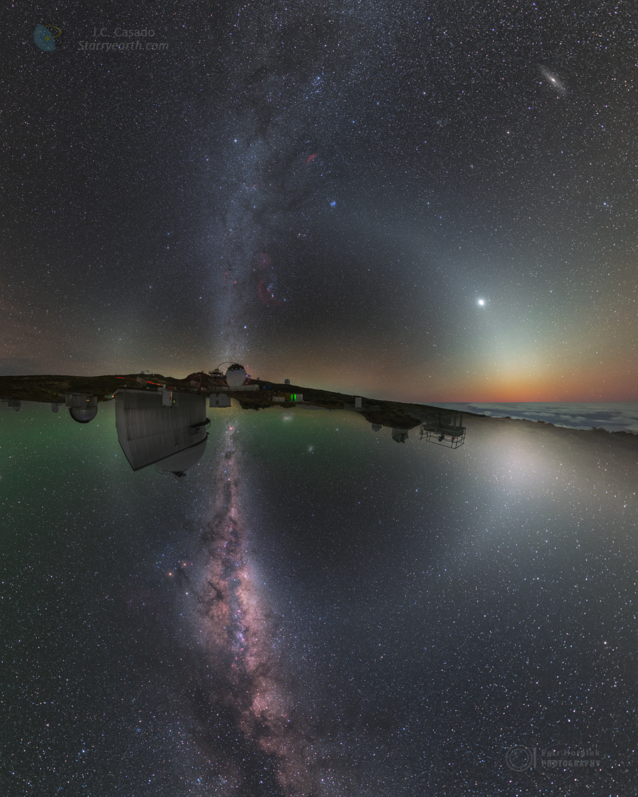 Nachthimmel aus zwei Hemisphären von La Palma und La Silla mit Milchstraße und Zodiakallicht; Ein Klick auf das Bild lädt die höchstaufgelöste verfügbare Version.