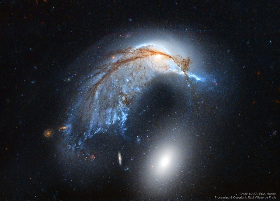 Die Schweinswalgalaxie im Sternbild Wasserschlange, Teil des Galaxienpaares Arp 142, kollidiert mit einer elliptischen Galaxie.