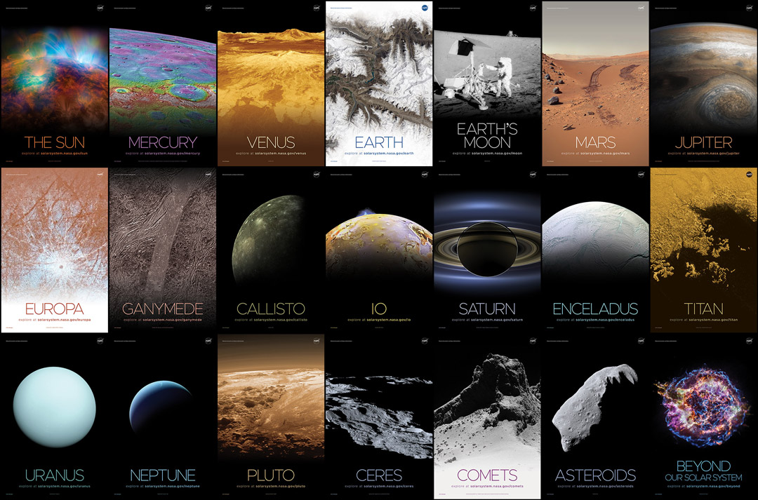 Eine Sammlung von Plakaten mit Objekten des Sonnensystems wie Sonne, Planeten, Monde, Kometen und Kleinplaneten sowie Szenen aus den Tiefen des Weltalls zum Ausdrucken.
