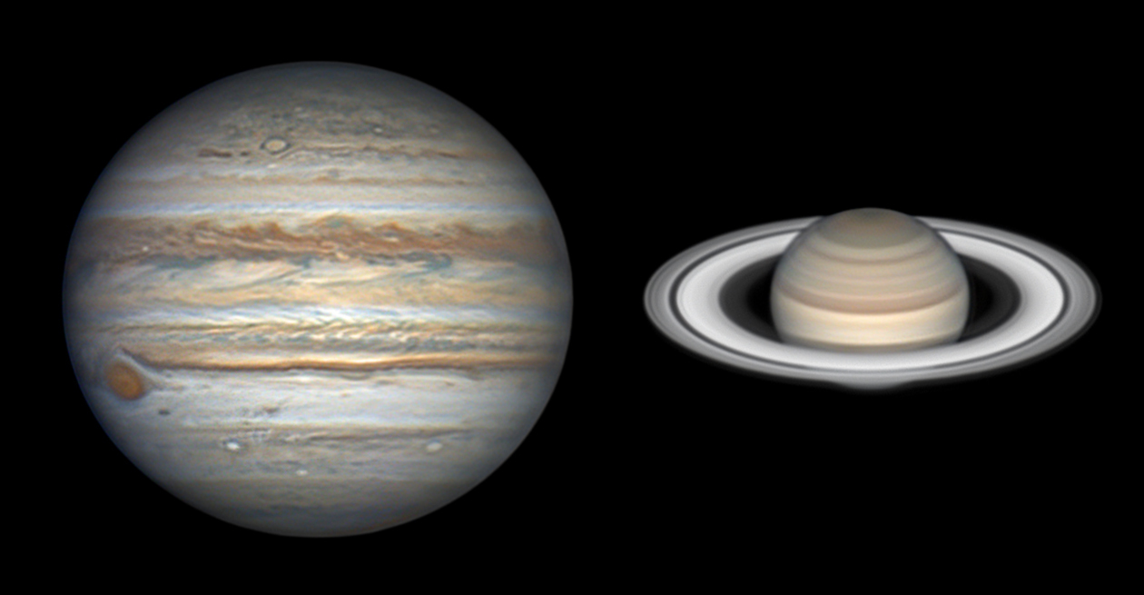 Die Riesenplaneten Jupiter und Saturn befinden sich beim erdnächsten Bereich ihrer Bahn für 2020 im Sternbild Schütze und begegnen einander am 21. Dezember.