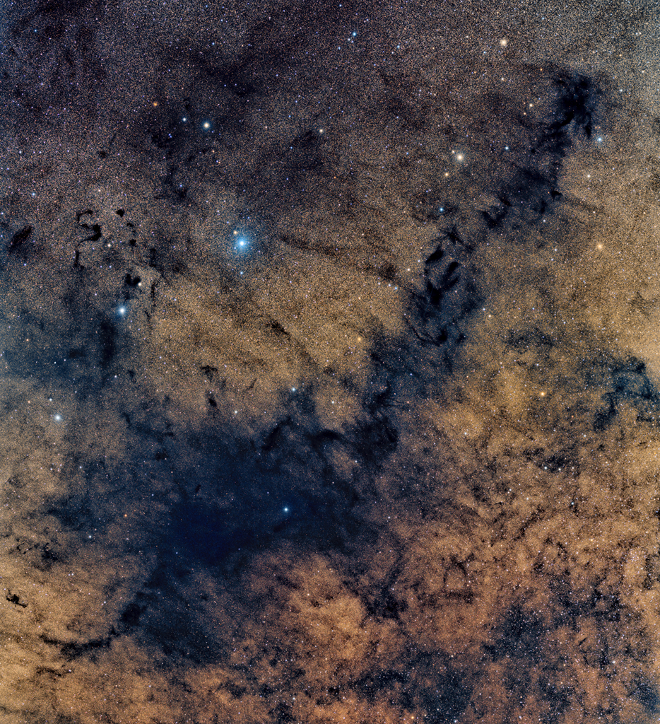 Die Dunkelwolken B59, B72, B77 und B78 wurden von dem Astronomen E. E. Barnard katalogisiert und bilden zusammen den Pfeifennebel.