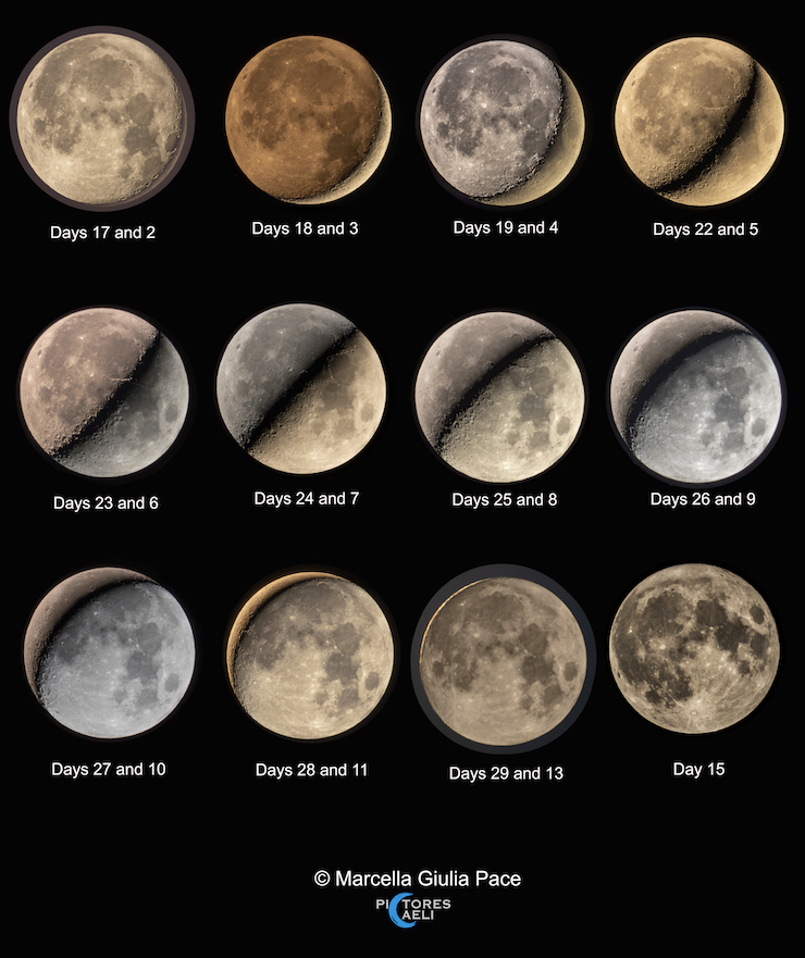 Diese Bilder wurden in Ragusa auf Sizilien in Italien fotografiert, sie zeigen einen synodischer Monat mit allen Phasen des Monats, die zu ganzen Mondscheiben kombiniert wurden.