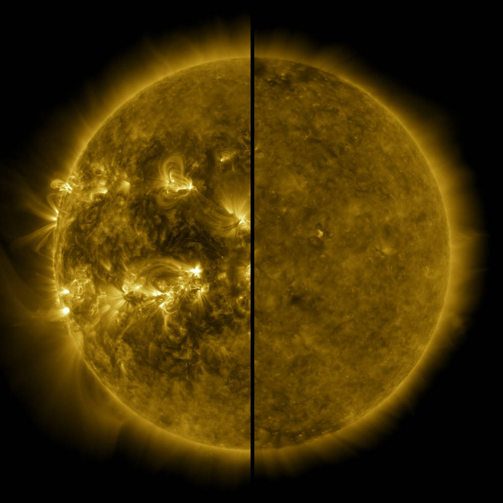 Diese Aufnahme des Solar Dynamics Observatory SDO zeigt die Sonne bei Aktivitätsminumum und -maximum in extremem Ultraviolettlicht.