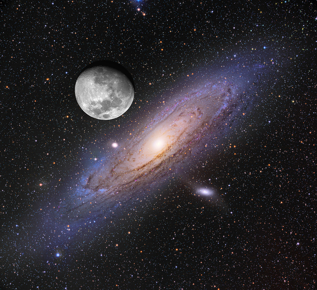 Dieses Bild vergleicht die Größe des Vollmondes am Himmel mit der Ausdehnung der Andromedagalaxie.
