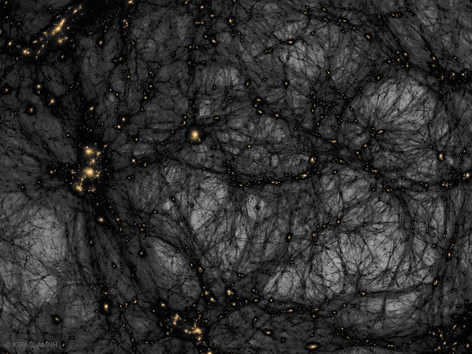 Auf dieser Simulation des Hayden Planetariums scheint Dunkle Materie im Universum häufiger vorzukommen als baryonische Materie.
