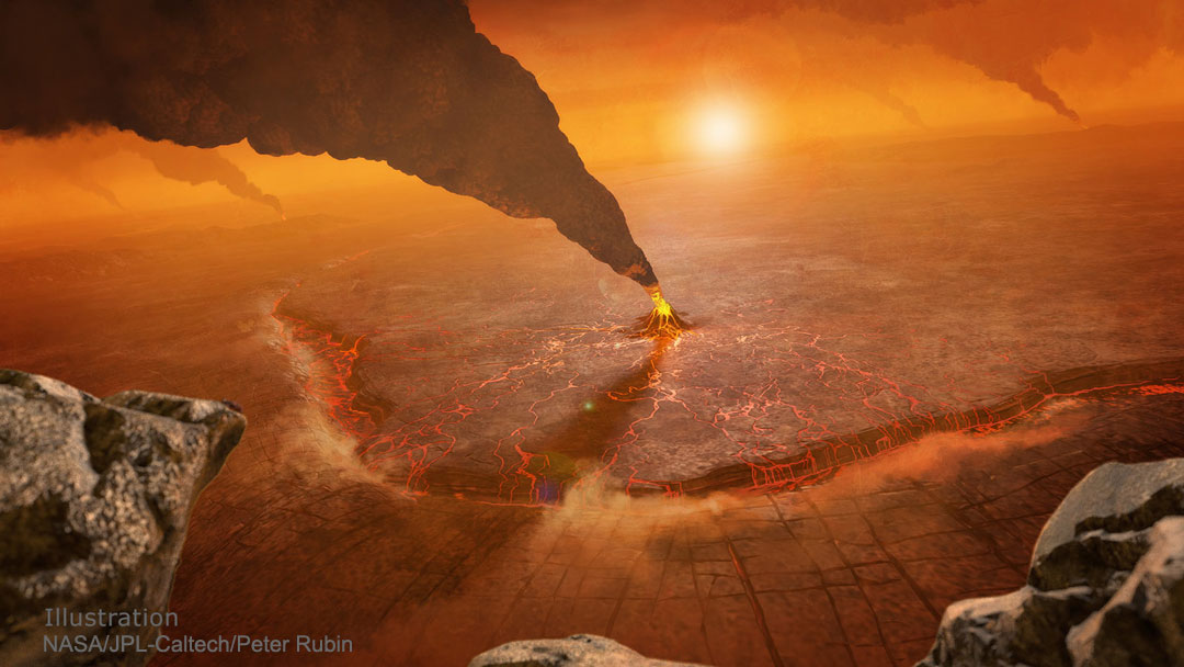 Künstlerische Darstellung eines ausbrechenden Vulkans auf der Venus.