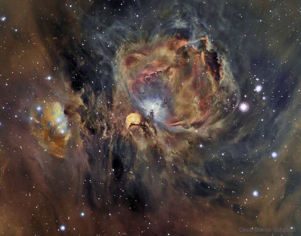 Der Orionnebel in den Farben von Schwefelgas, Sauerstoff und Wasserstoff.