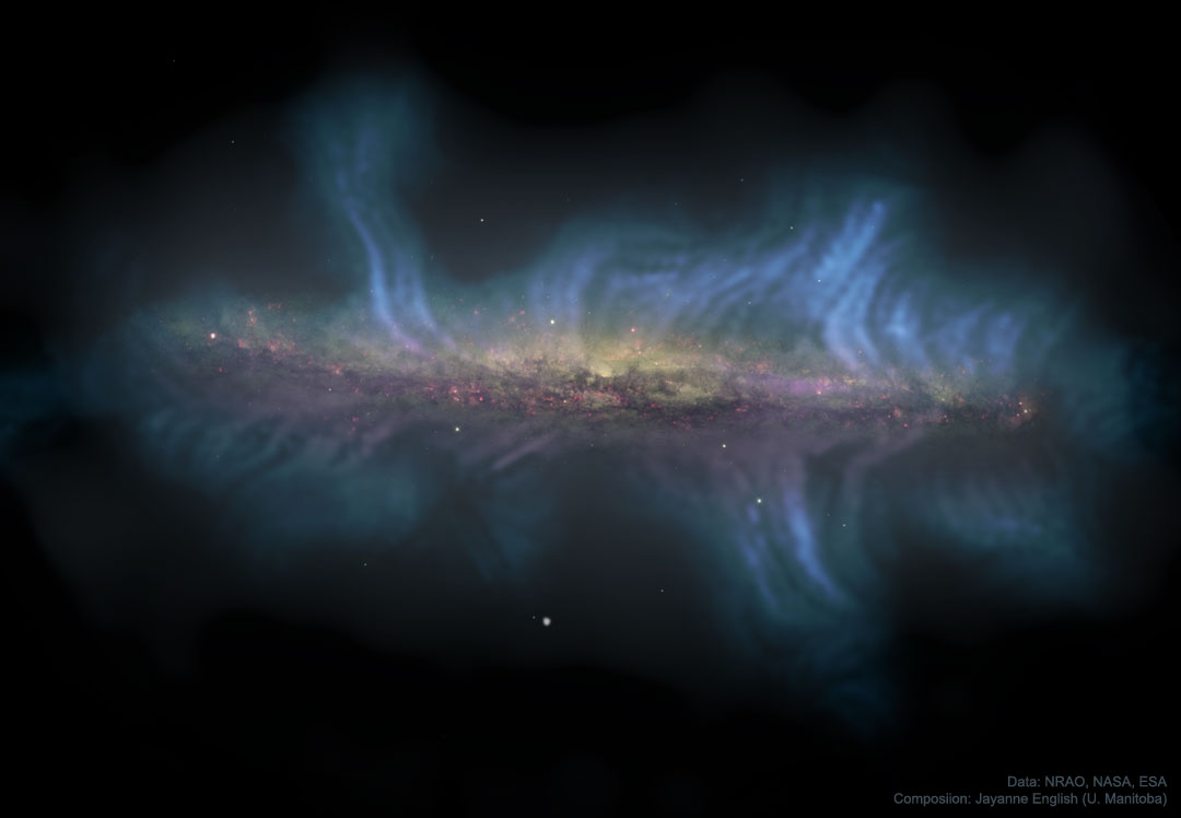 Die Spiralgalaxie NGC 5775 wurde bei der CHANG-ES-Durchmusterung (Continuum Halos in Nearby Galaxies) beobachtet, zeigt besitzt Ausläufer von Magnetfeldlinien.