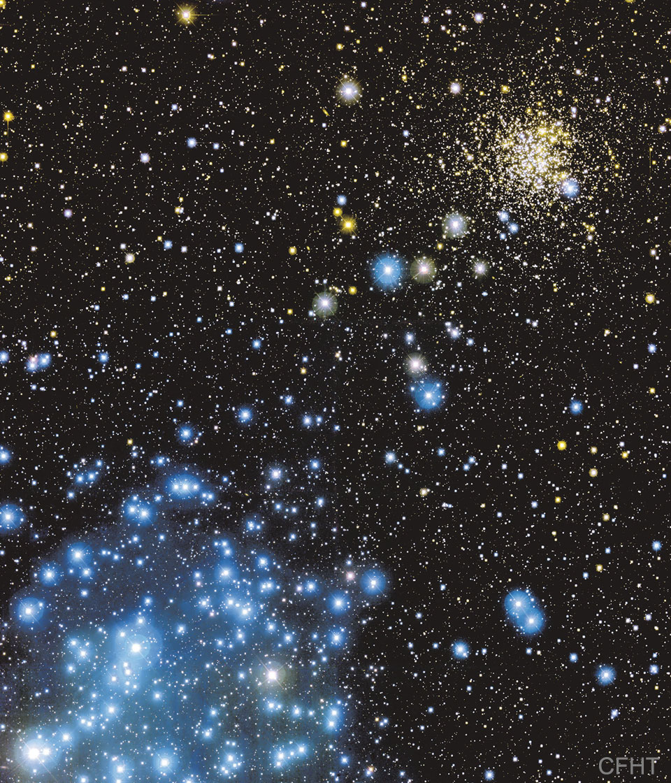 Die offenen Sternhaufen M35 und NGC 2158 sind mit einem kleinen Fernrohr im Sternbild Zwillinge (Gemini) in einem einzigen Sichtfeld zu finden