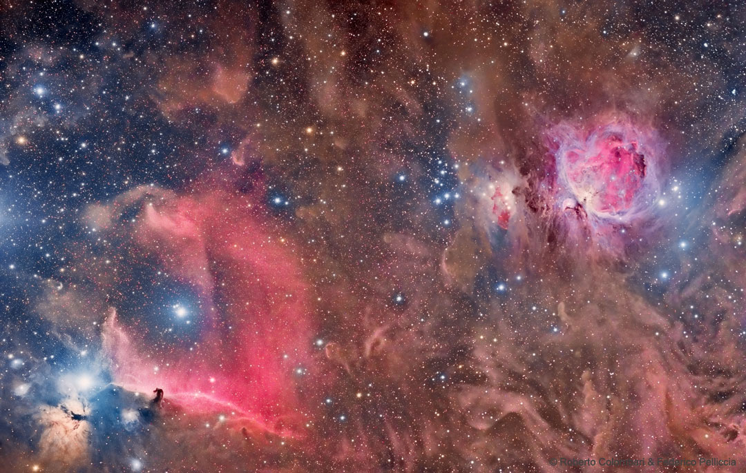 Der dunkle Pferdekopfnebel und der leuchtende Orionnebel sind kontrastreiche Gegensätze im Sternbild Orion.