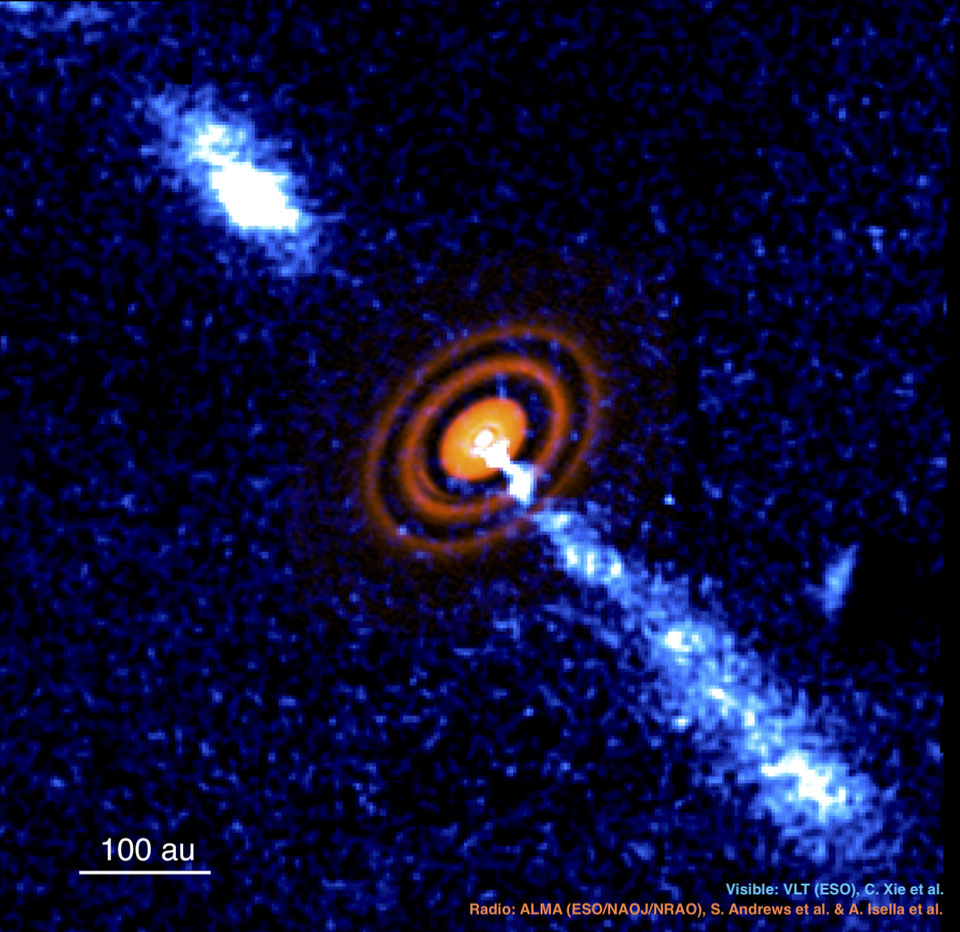 Dieses Bild des Sternsystems HD 163296 wurde von Atacama Large Millimeter Array (ALMA) und Very Large Telescope (VLT) der ESO aufgenommen.