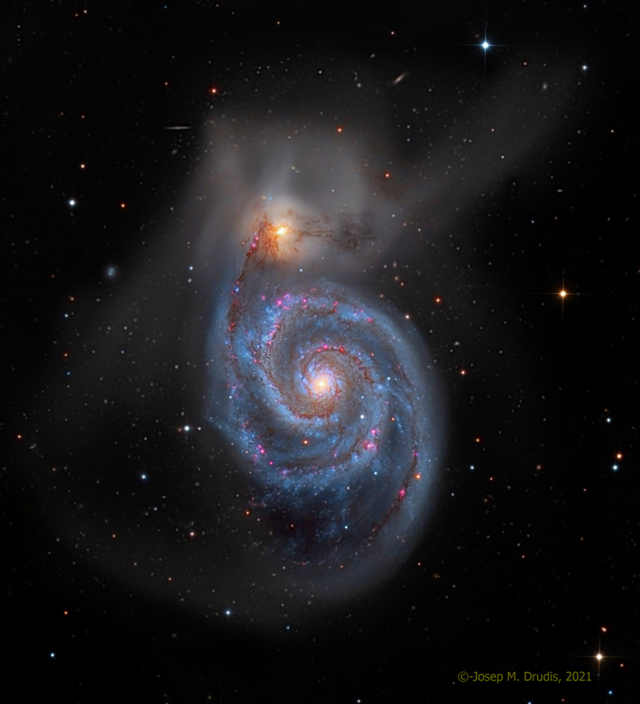 Das Galaxienpaar Messier 51, auch NGC 5194 und NGC 5195, im Sternbild Jagdhunde unter dem Großen Wagen.