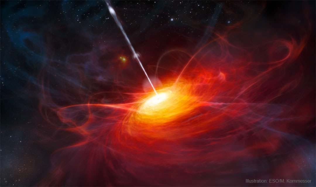Künstlerische Illustration eines sehr alten Quasars im frühen Universum.