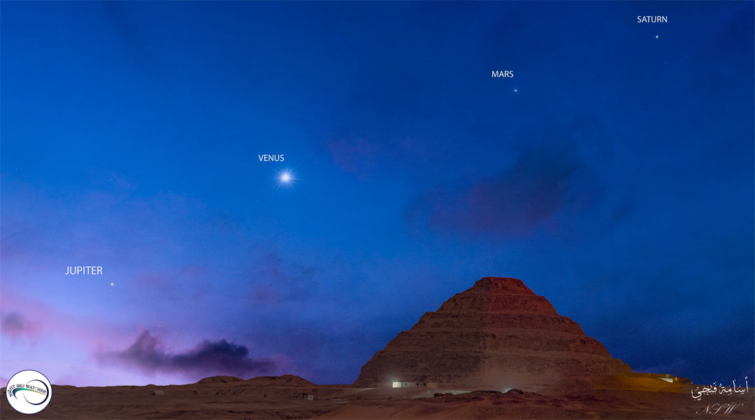 Planetenparade mit den Planeten Jupiter, Venus, Mars und Saturn über einer ägyptischen Stufenpyramide.