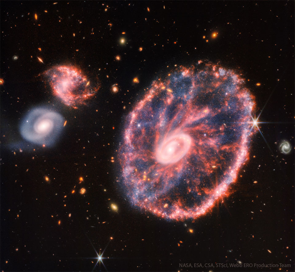 Dieses Bild des Weltraumteleskops Webb zeigt die Wagenradgalaxie im Sternbild Bildhauer.