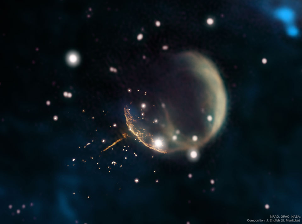Die Illustration zeigt einen Supernova-Überrest mit einer Linie, die sich nach rechts unten erstreckt und die Spur eines Neutronensterns darstellt.