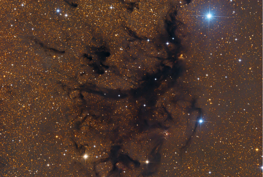 Das Bild zeigt den Dunkelnebel LDN 673 im Sternbild Adler, eine Molekülwolke, in der Sterne entstehen.