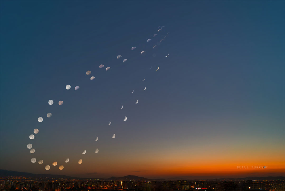 Dieses Bild zeigt ein Mond-Analemma, das in den Monaten Juli und August über Kayseri in der Türkei fotografiert wurde.