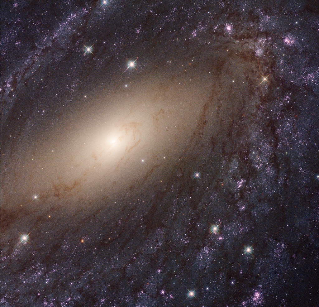 Das Bild zeigt die innere Region der Spiralgalaxie NGC 6744 im Sternbild Pfau mit ihrem gelben Kern und Sternbildungsregionen an den Spiralarmen.