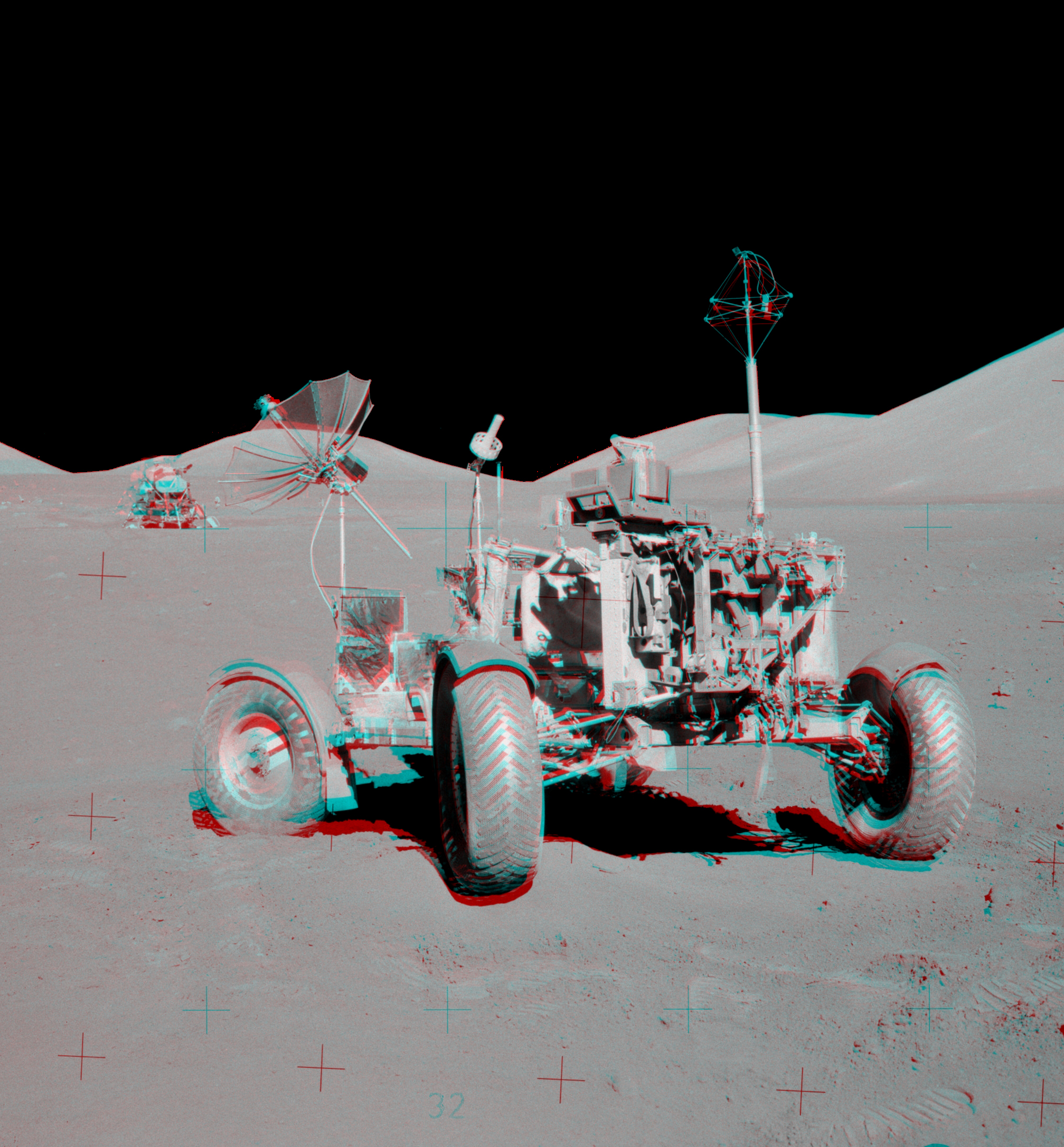 Die Anaglyphe zeigt den Mondrover  und das Landemodul der Apollo-Mission 17 im Taurus-Littrow-Tal.