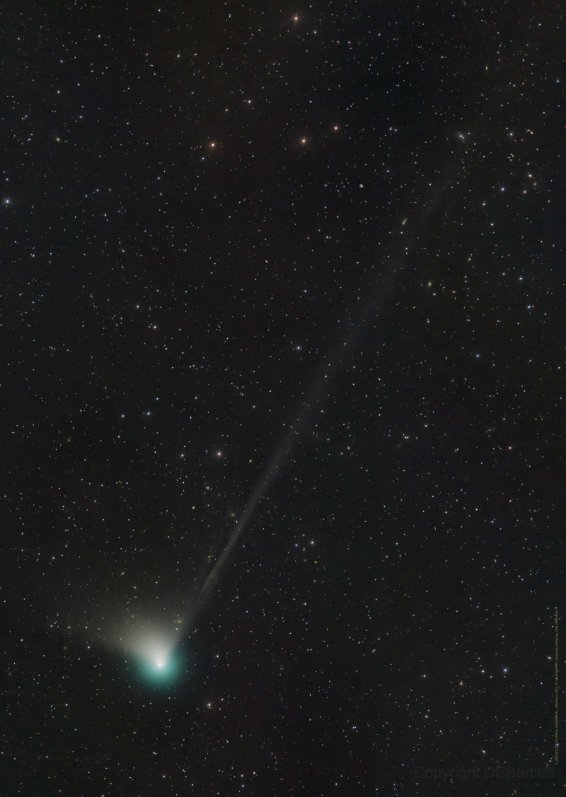 Das Bild zeigt den Kometen 2022 E3 (ZTF) mit kurzen Staubscheif und einem langen Ionenschweif.