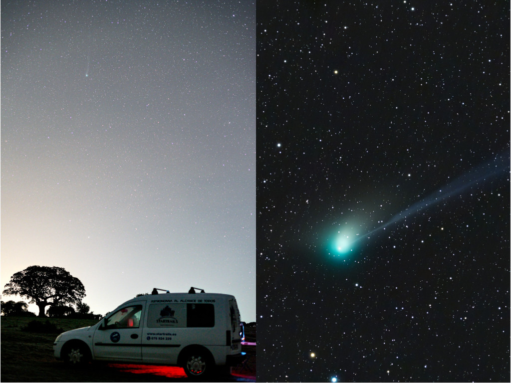 Im linken Teil des Bildes leuchtet Komet ZTF in der Dämmerung am Himmel über einem Fahrzeug, rechts ist eine Nahaufnahme mit grünlicher Koma und einem Ionenschweif zu sehen.