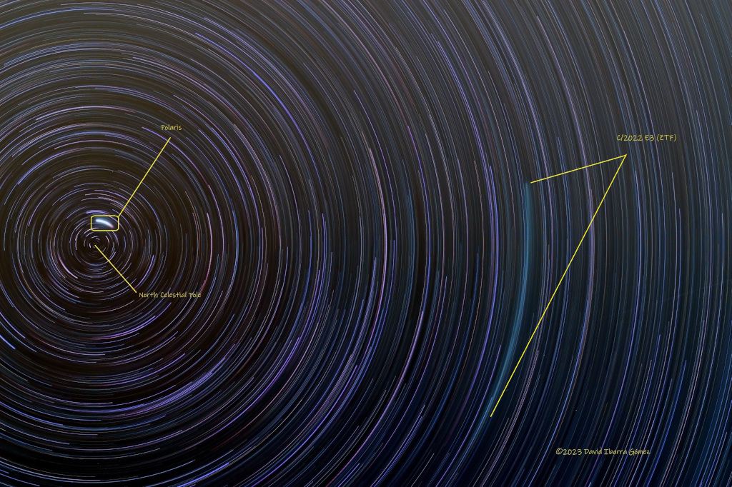 Auf dieser Strichspur-Aufnahme mit Sternbögen ist links der Himmelsnordpol und der zu sehen, rechts leuchtet der grünliche Bogen des Kometen ZTF.