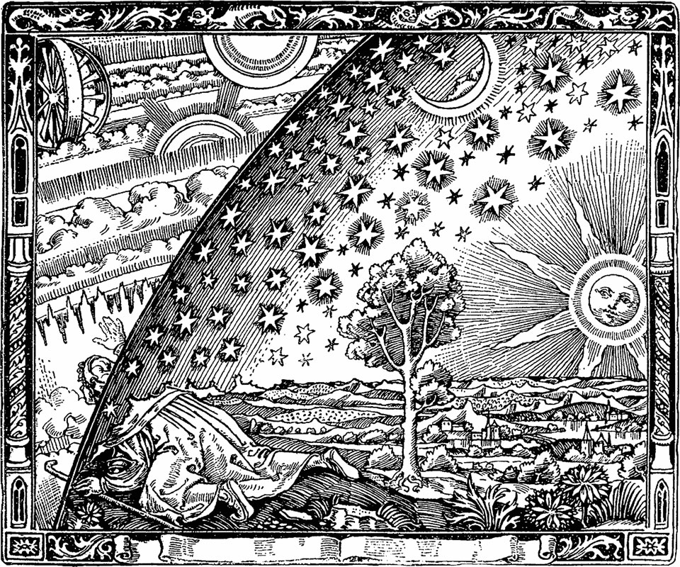 Holzstich eines Wanderers, der den Kopf durch eine mit Sternen übersäte Kugelschale steckt. Links dahinter ist ein Räderwerk zu sehen. In der Mitte steht ein Baum in einer Landschaft, rechts blickt eine skeptische Sonne zum Wanderer, oben ist eine abgewandte Mondsichel mit Gesicht.