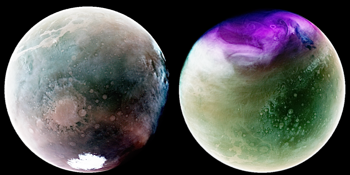 Das linke Marsbild zeigt den Planeten mit einer großen weißen Polkappe unten, die rechte Abbildung ist von grünem Dunst überzogen und oben von violett gefärbten Wolken gekrönt.