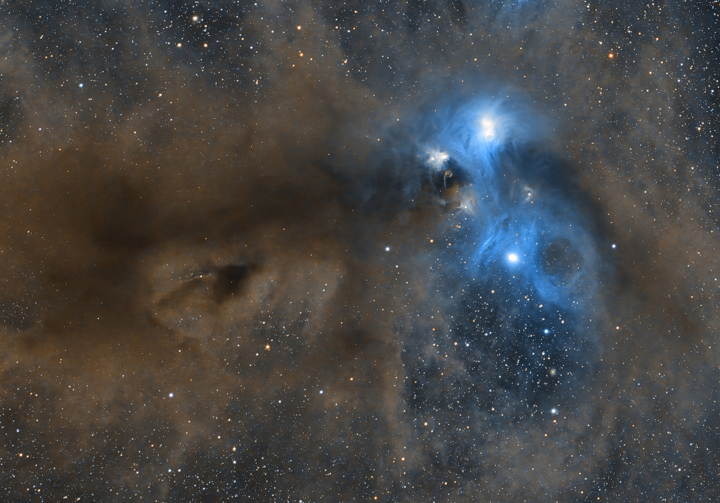 Dunkle braune und leuchtend blaue Staubwolken überlagern ein Sternfeld. Im blauen Nebel leuchten zwei helle Sterne.