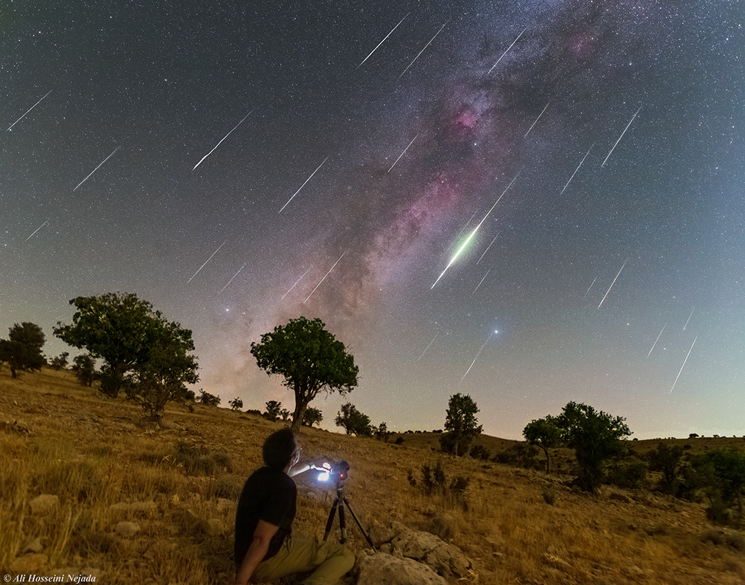 Im Hintergrund verläuft die Milchstraße diagonal am Himmel, davor strömen zahlreiche Meteore herab. Im Vordergrund steht auf einer Wiese mit Bäumen ein Fotograf mit Ausrüstung.